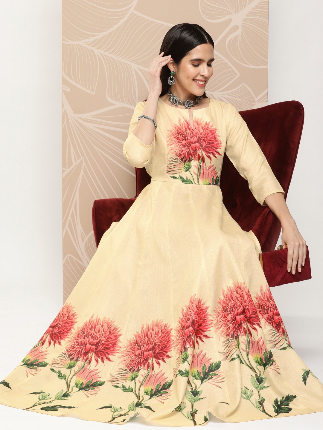 

Bhama Couture Floral Print Fit & Flare Maxi Dress, Beige