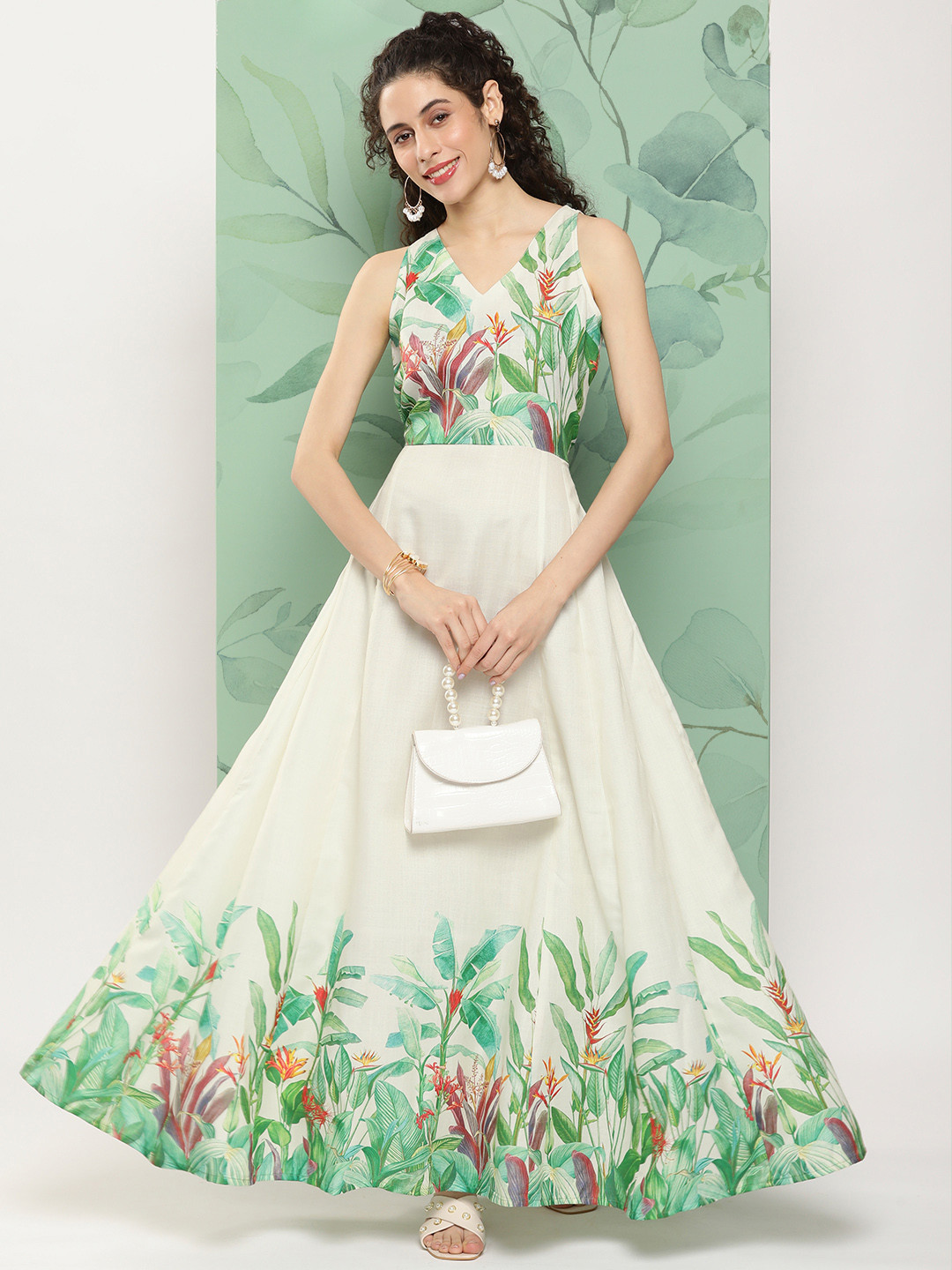 

Bhama Couture Floral Print Fit & Flare Cotton Maxi Dress, Green