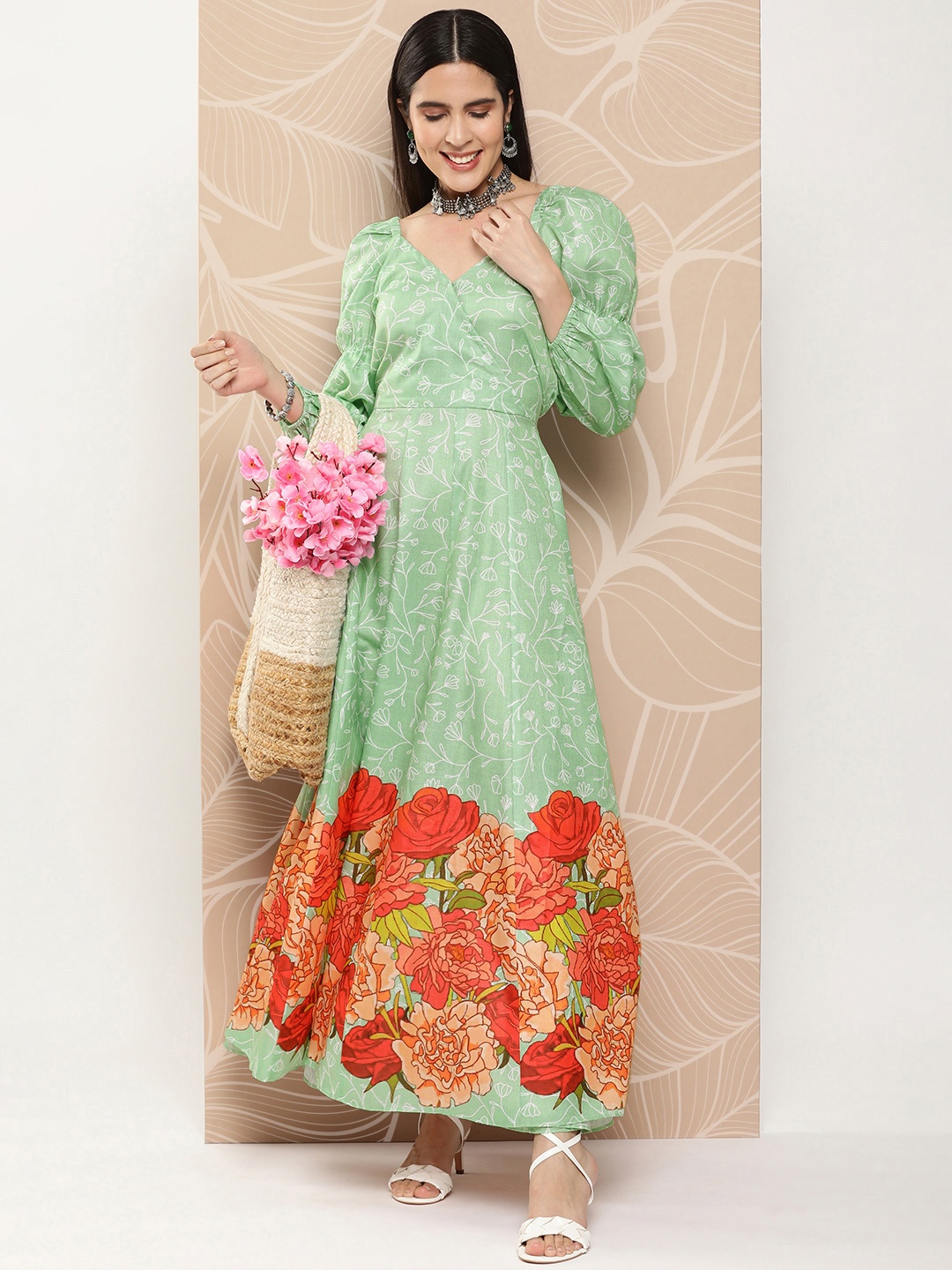 

Bhama Couture Floral Print Puff Sleeves Maxi Ethnic Dress, Sea green