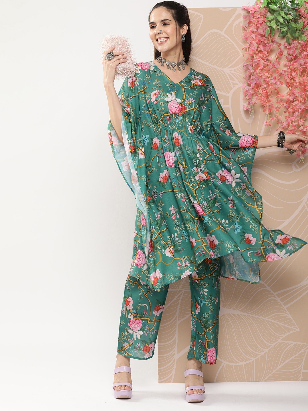 

Bhama Couture Floral Printed Kaftan Pure Cotton Kurta With Palazzos, Green