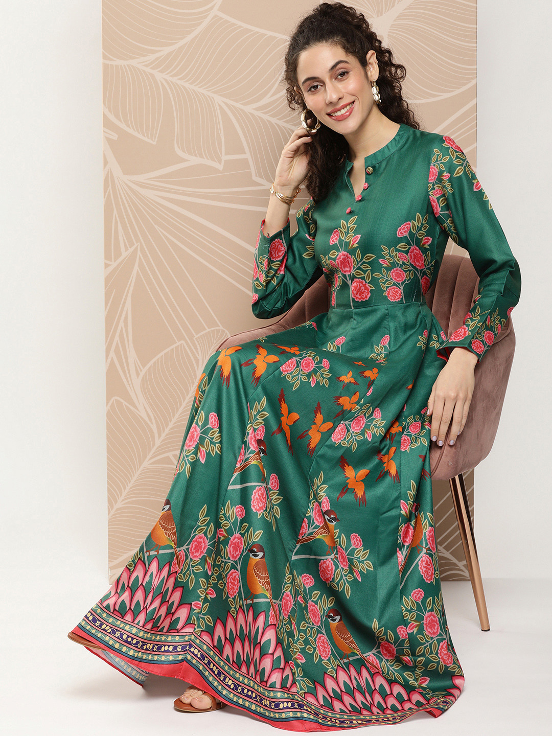 

Bhama Couture Floral Print A-Line Cotton Maxi Dress, Teal