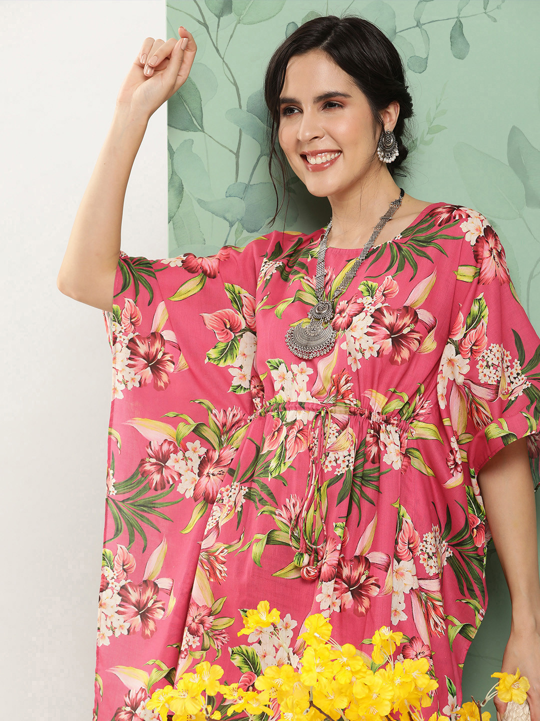

Bhama Couture Floral Printed Kaftan Kurti With Palazzos, Pink