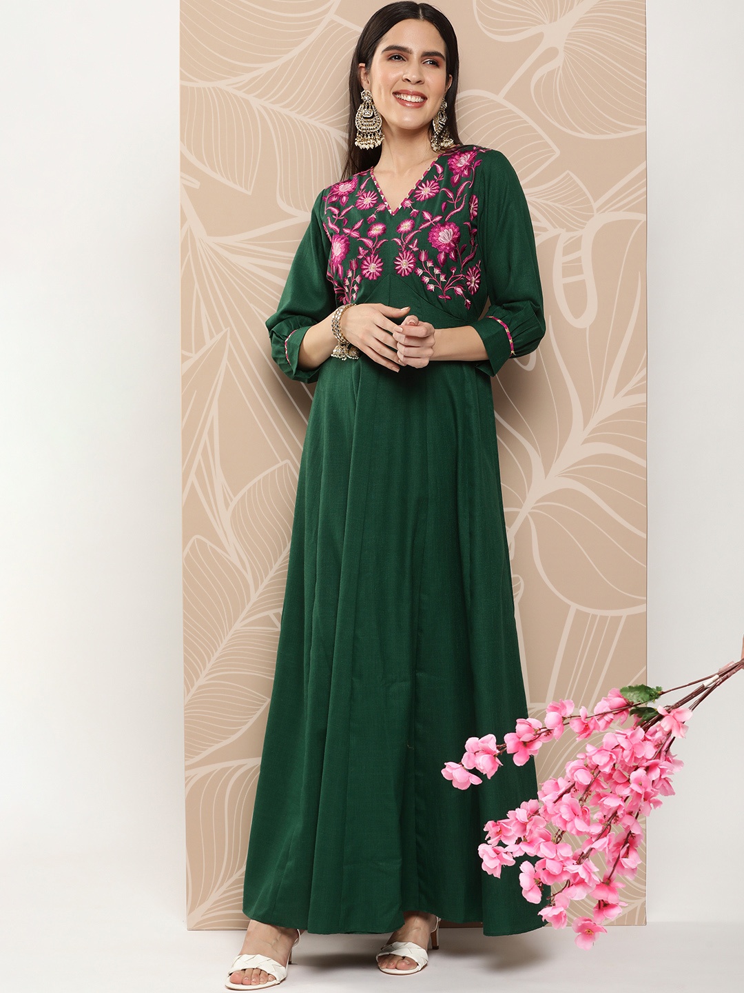 

Bhama Couture Floral Embroidered Fit & Flare Cotton Maxi Dress, Green