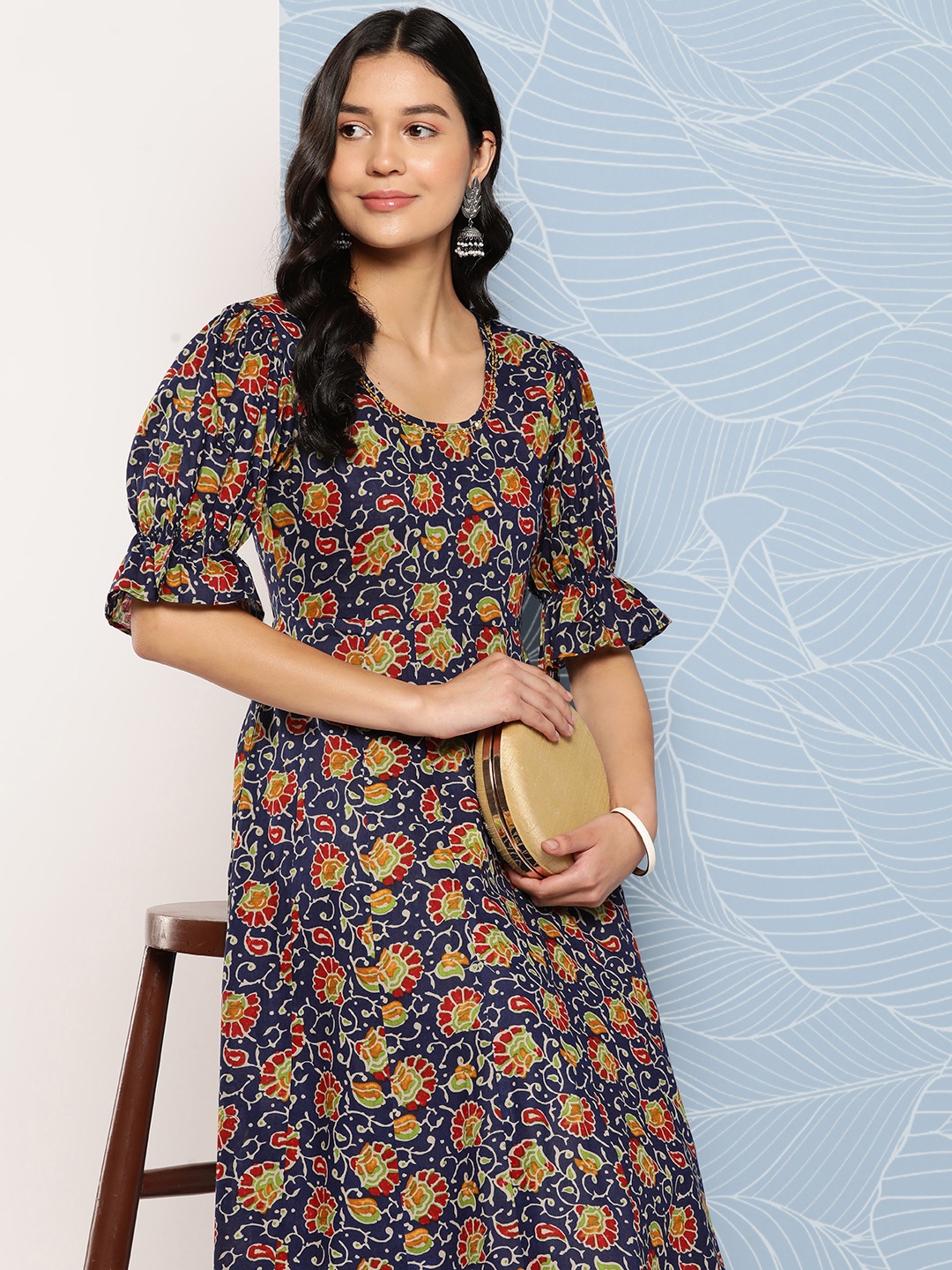 

Yufta Floral Printed Puff Sleeves Pure Cotton Anarkali Kurta, Navy blue