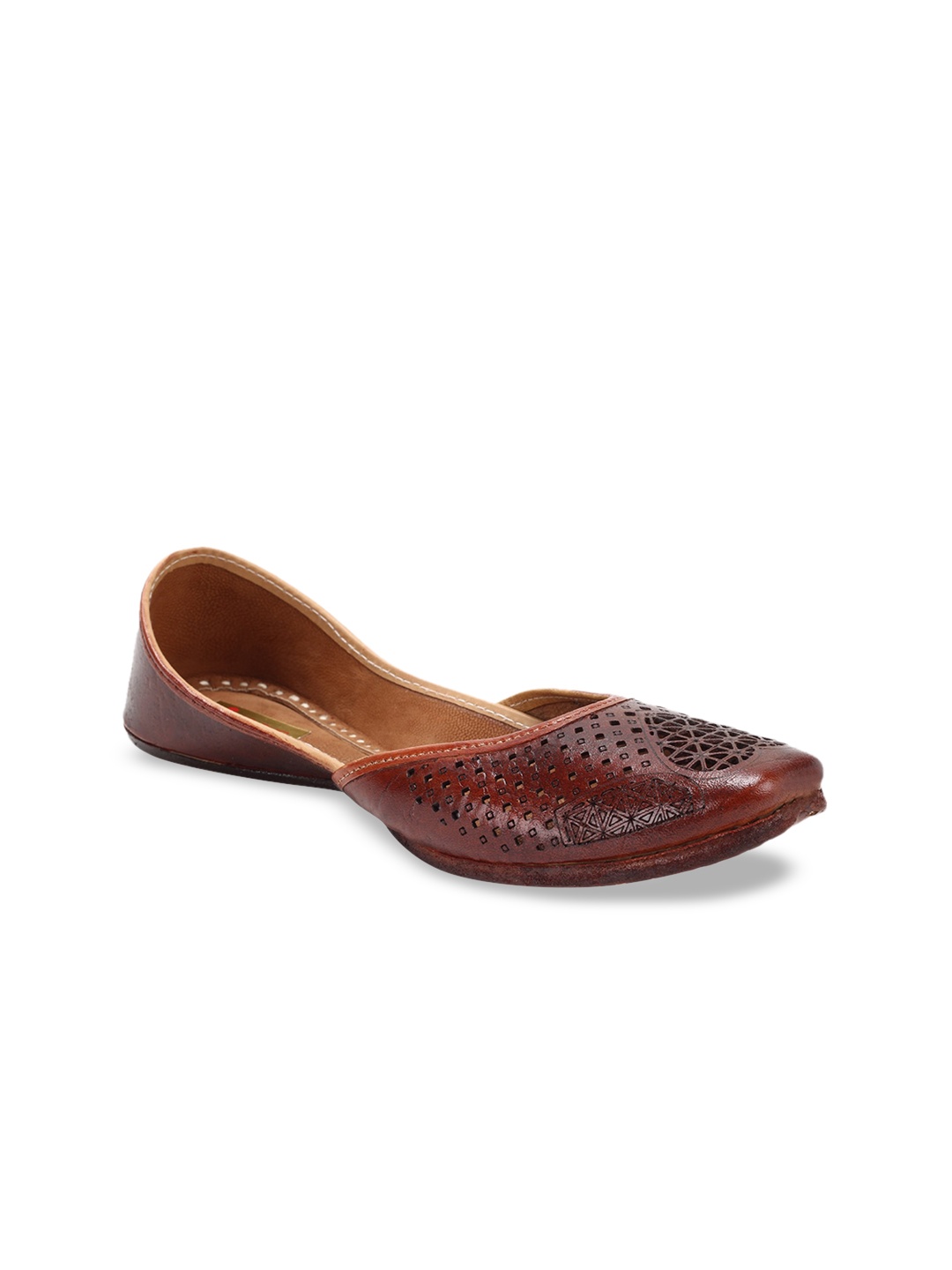 

Ta Chic Women Woven Design Leather Ethnic Mojaris With Laser Cuts, Brown
