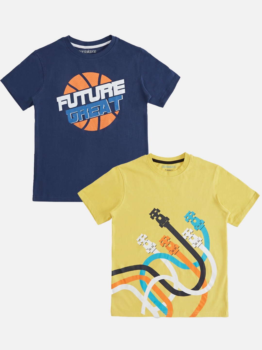 

Pantaloons Junior Boys Pack Of 2 Graphic Printed Cotton T-shirt, Navy blue