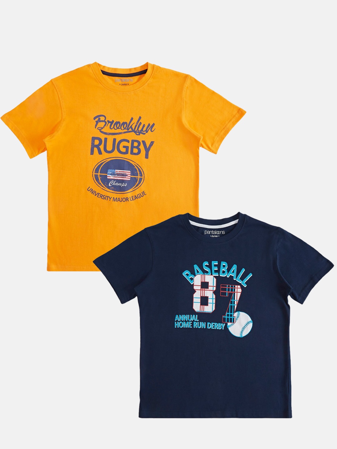 

Pantaloons Junior Boys Pack Of 2 Typography Printed Cotton T-shirt, Navy blue