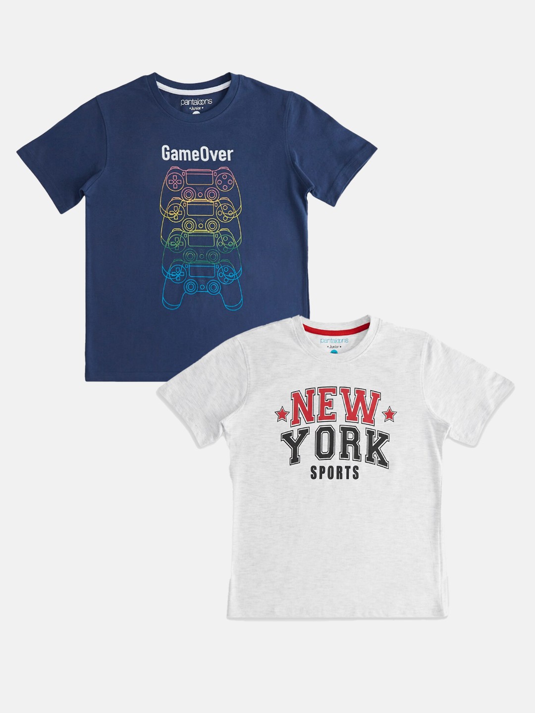 

Pantaloons Junior Boys Pack Of 2 Typography Printed Cotton T-shirt, Navy blue