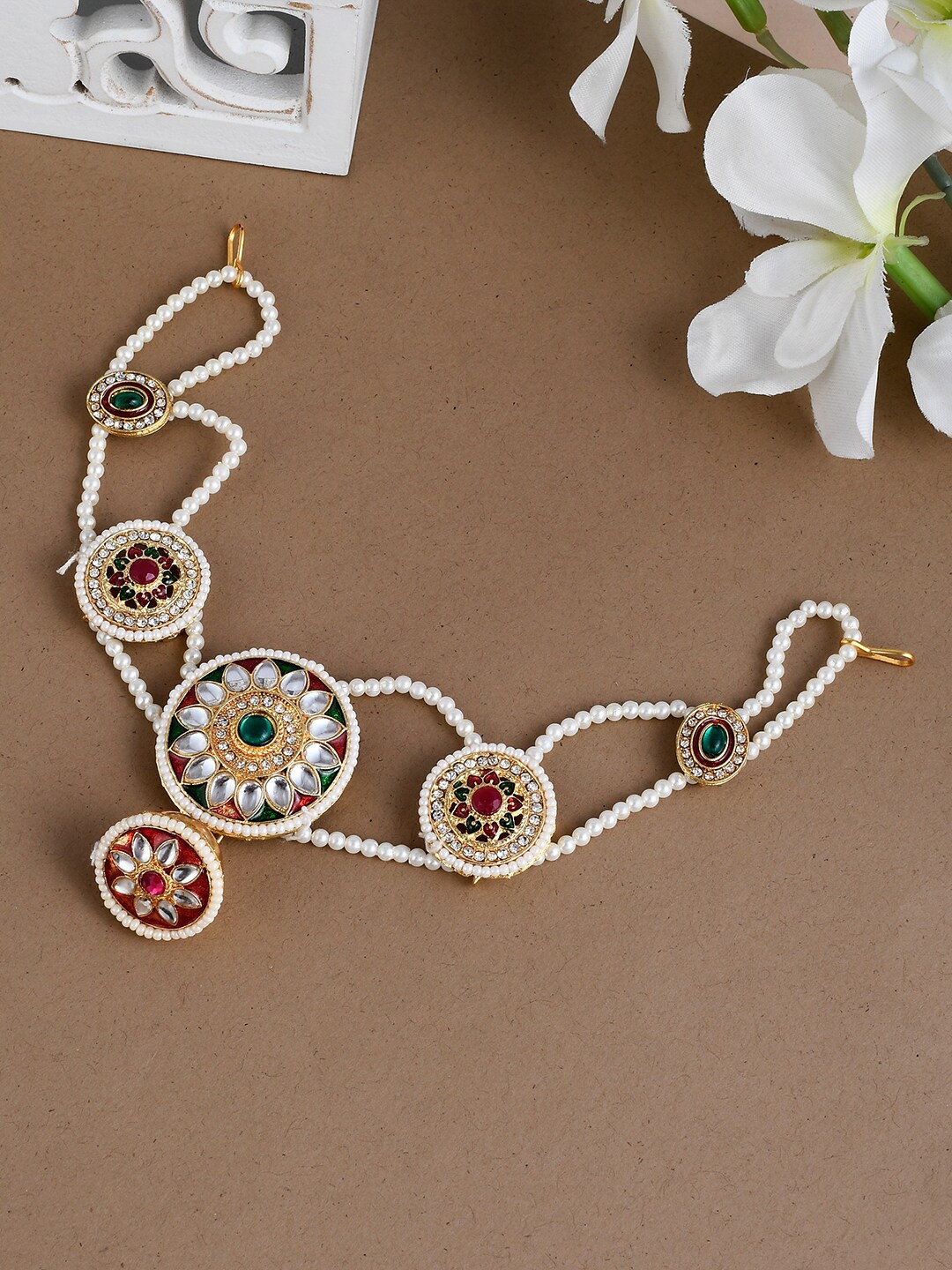 

Silvermerc Designs Gold-Plated Kundan-Studded & Pearl Beaded Meenakari Sheeshphool, Red