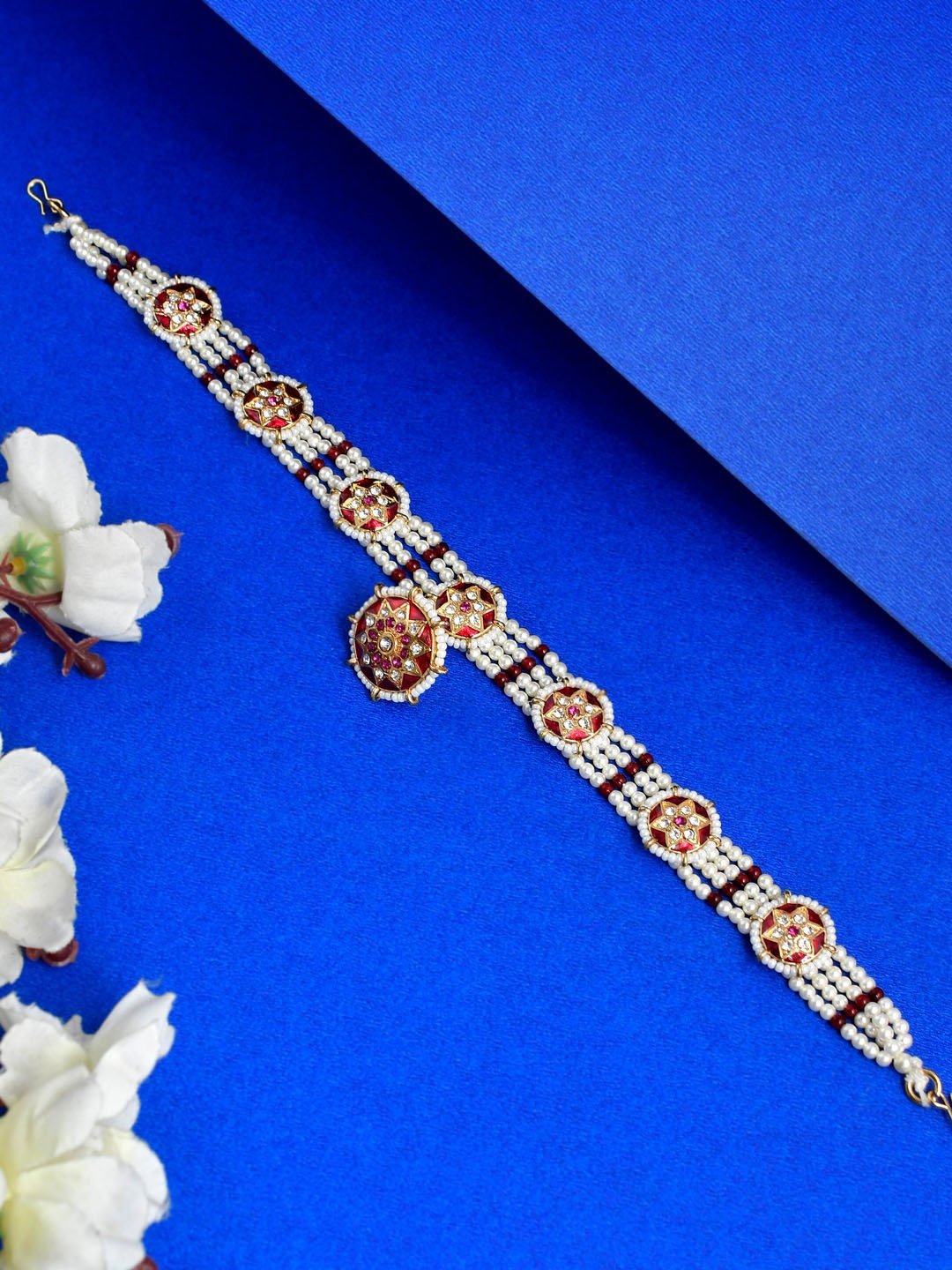 

Silvermerc Designs Gold-Plated Stone-Studded & Pearl Beaded Sheeshphool, Pink