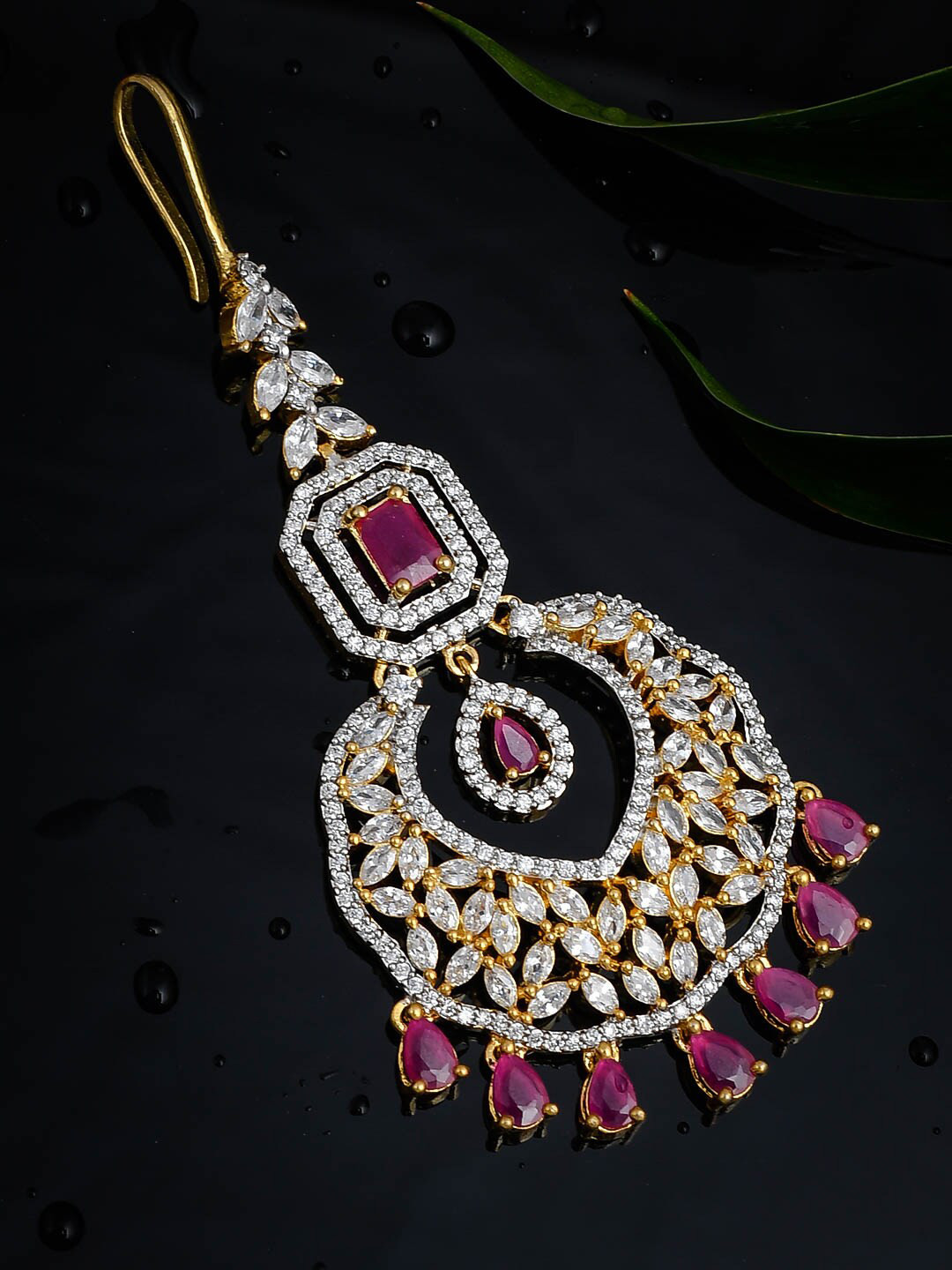 

Silvermerc Designs Gold-Plated AD-Studded Maang Tikka, Pink