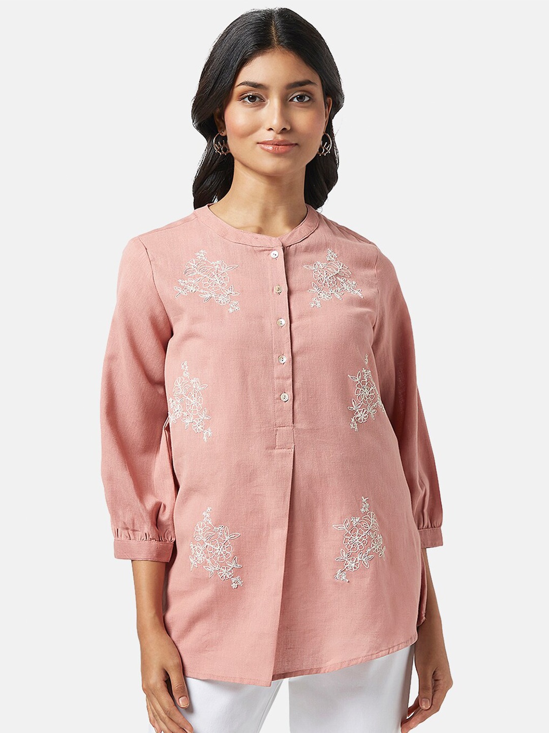 

AKKRITI BY PANTALOONS Embroidered Mandarin Collar Cotton Tunic, Pink