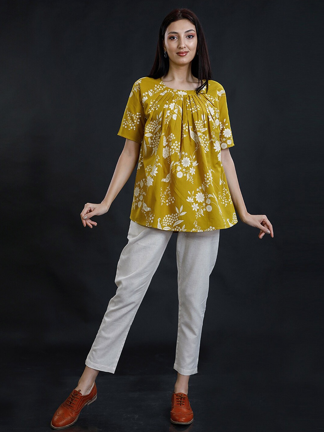 

FABNEST Floral Printed A-line Longline Cotton Top, Mustard