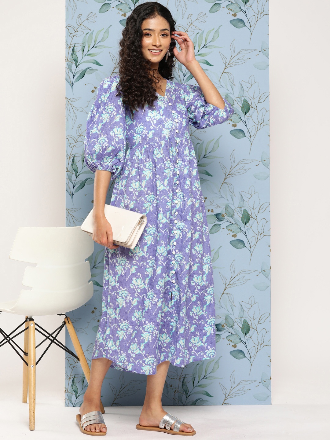 

Yufta Lavender Floral Print Flared Sleeve Maxi Dress