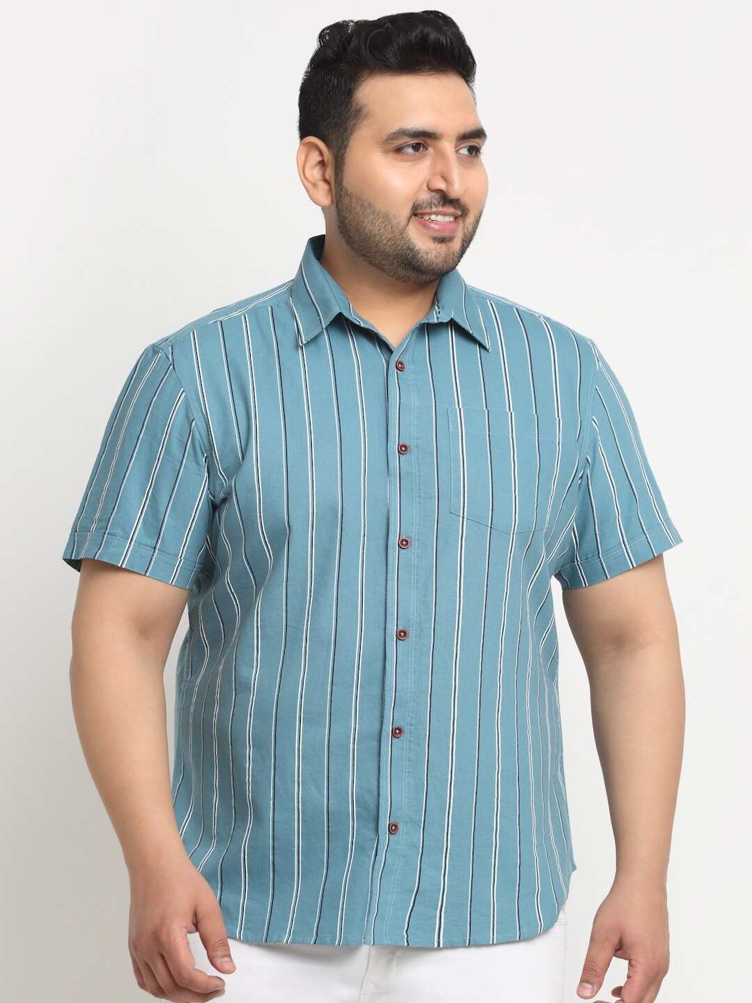 

plusS Plus Size Striped Cotton Casual Shirt, Sea green