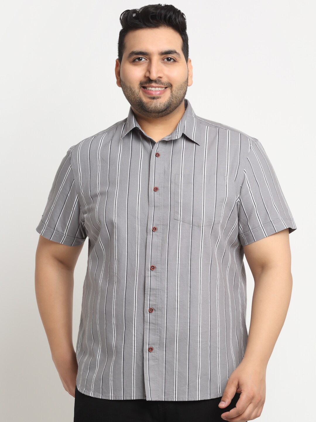 

plusS Plus Size Striped Cotton Casual Shirt, Grey
