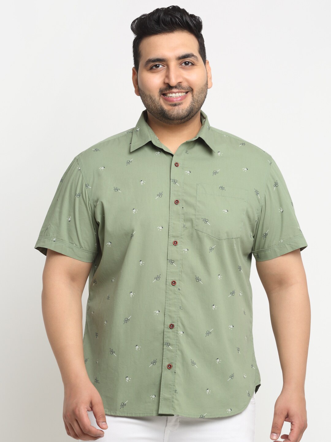 

plusS Men Printed Casual Cotton Shirt, Olive
