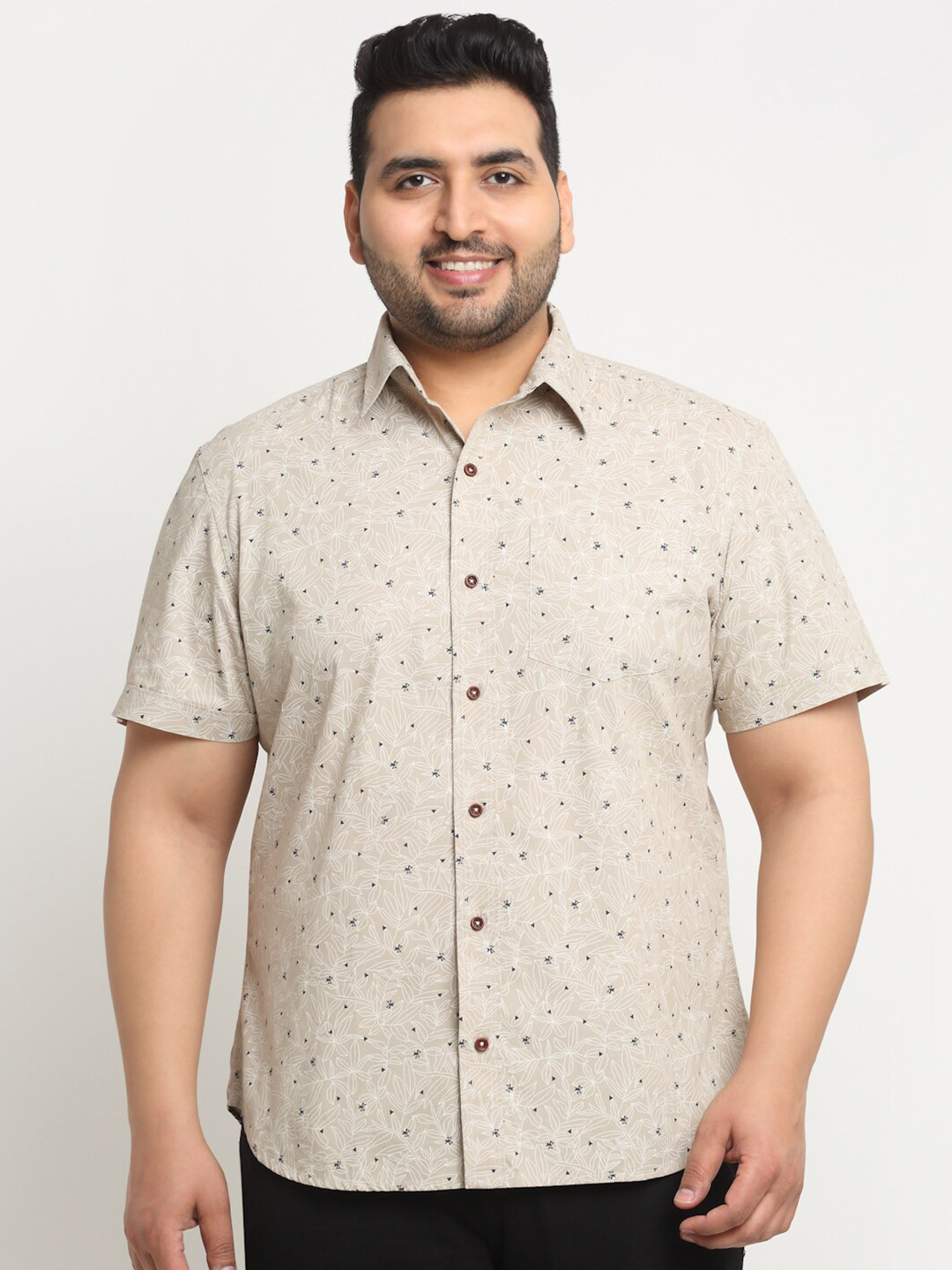 

plusS Conversational Printed Cotton Casual Shirt, Beige