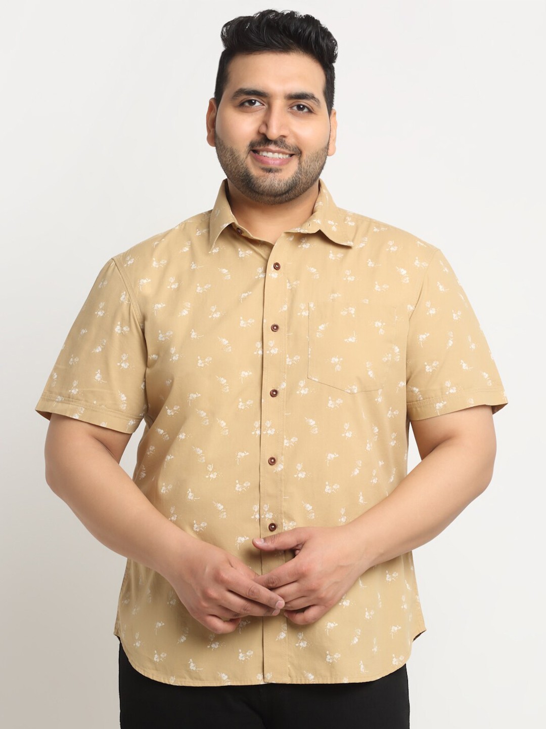 

plusS Floral Printed Cotton Casual Shirt, Mustard
