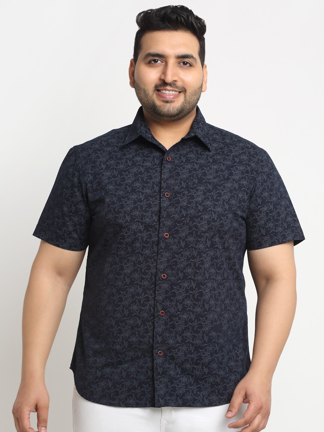 

plusS Plus Size Floral Printed Cotton Casual Shirt, Navy blue