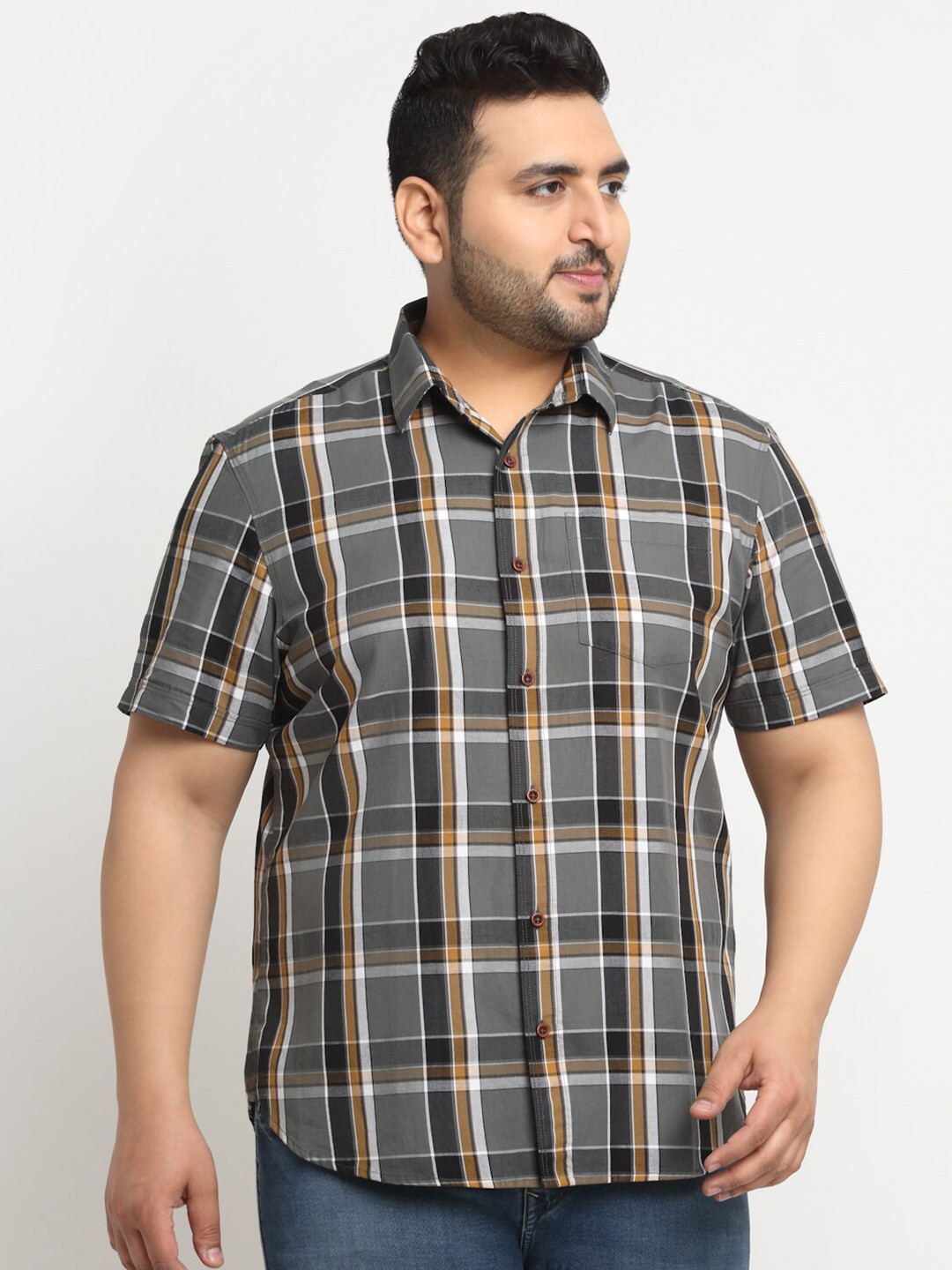 

plusS Plus Size Tartan Checks Cotton Casual Shirt, Grey