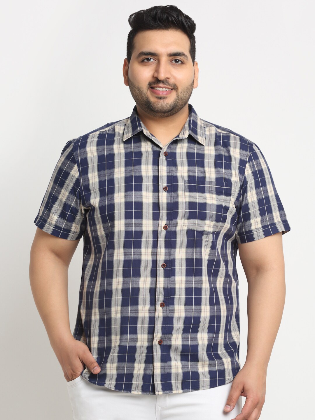 

plusS Plus Size Tartan Checks Cotton Casual Shirt, Navy blue