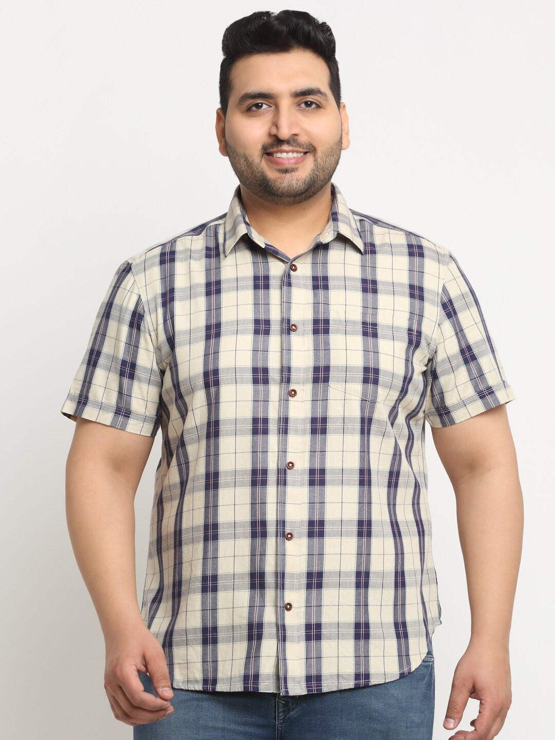 

plusS Plus Size Tartan Checks Cotton Casual Shirt, Beige