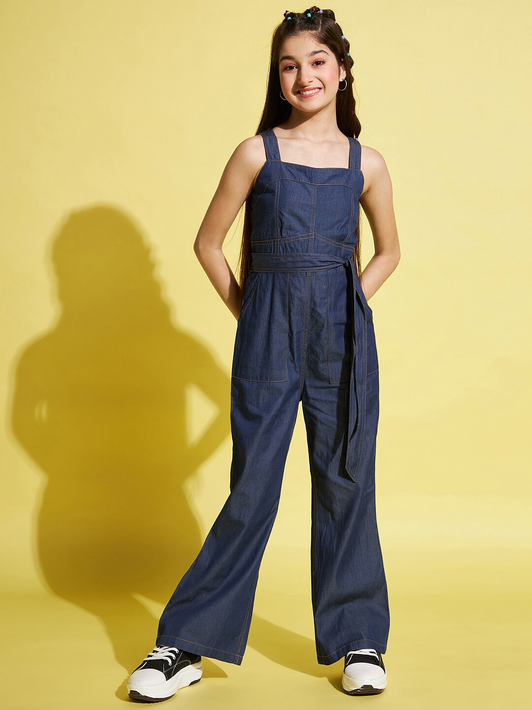 

Stylo Bug Girls Square Neck Pure Cotton Sleeveless Basic Jumpsuit with Belt, Navy blue