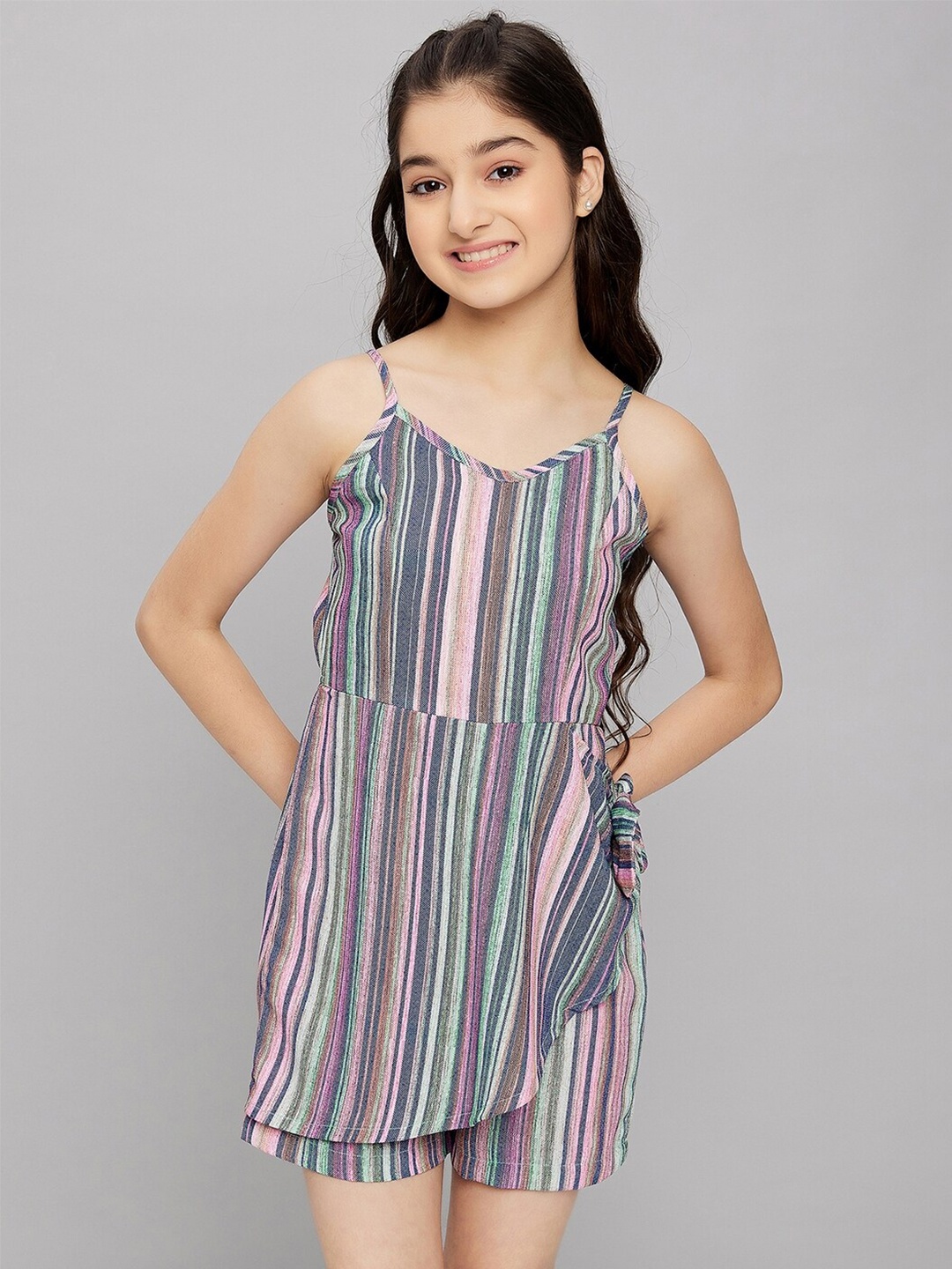 

Stylo Bug Girls Striped Shoulder Straps Playsuit, Blue