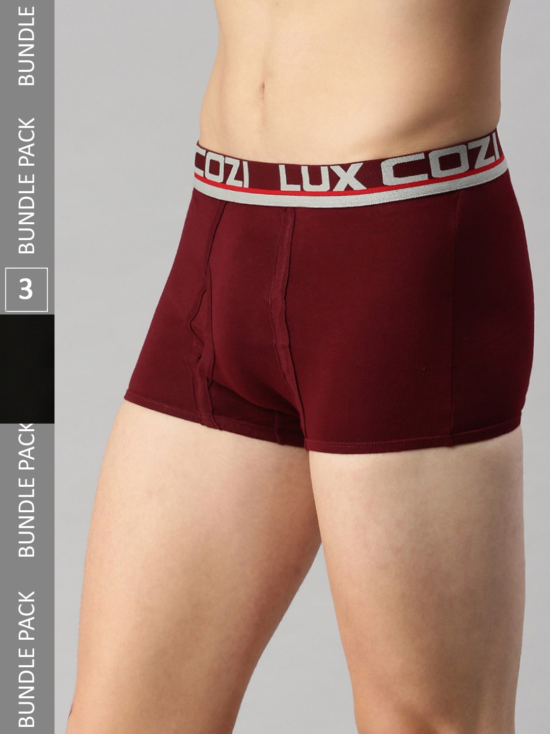 

Lux Cozi Men Pack Of 3 Pure Cotton Outer Elastic Short Trunks- COZI_GLO_MT_MRN_BLK_NB_3PC, Maroon