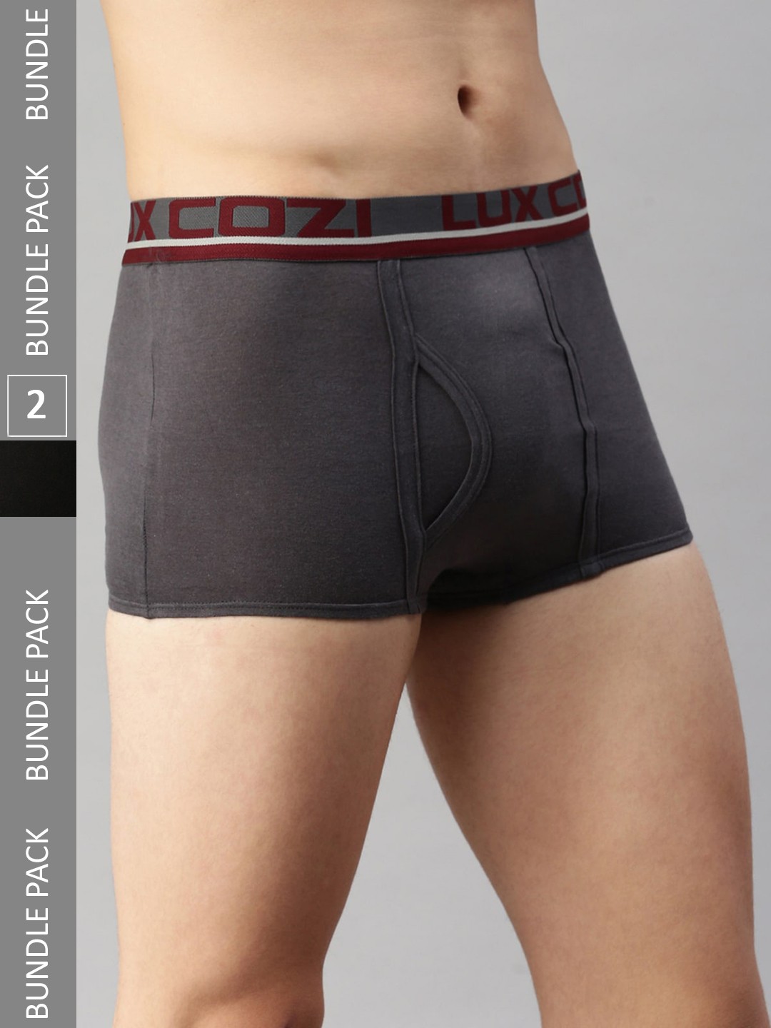 

Lux Cozi Men Pack Of 2 Pure Cotton Outer Elastic Short Trunks- COZI_GLO_MT_BLK_BM_2PC, Charcoal