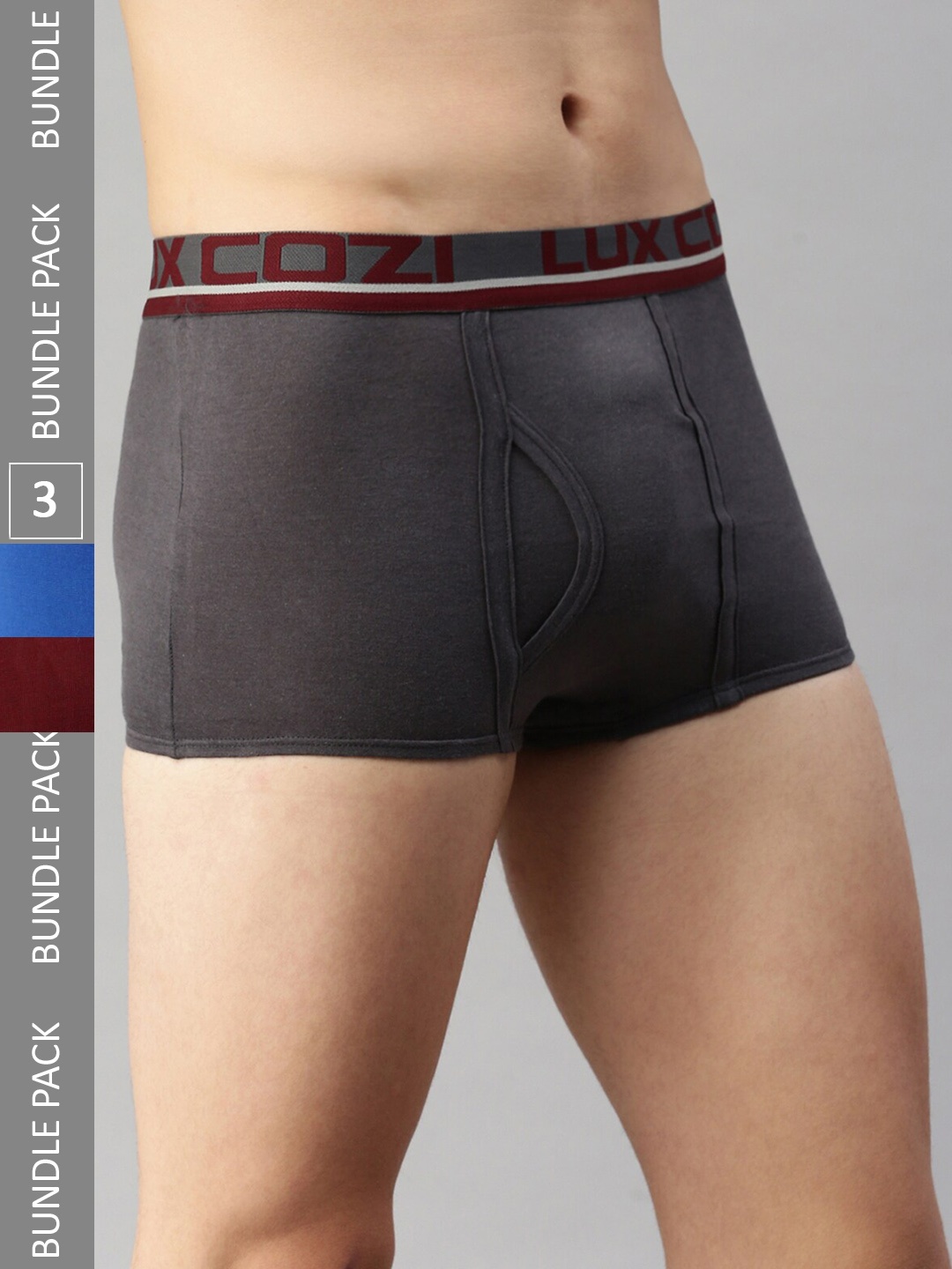 

Lux Cozi Men Pack Of 3 Pure Cotton Outer Elastic Short Trunks- COZI_GLO_MT_BM_BU_MRN, Charcoal