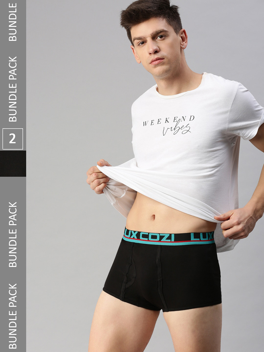 

Lux Cozi Men Pack Of 2 Logo Printed Detail Outer Elastic Mid-Rise Trunks, Black