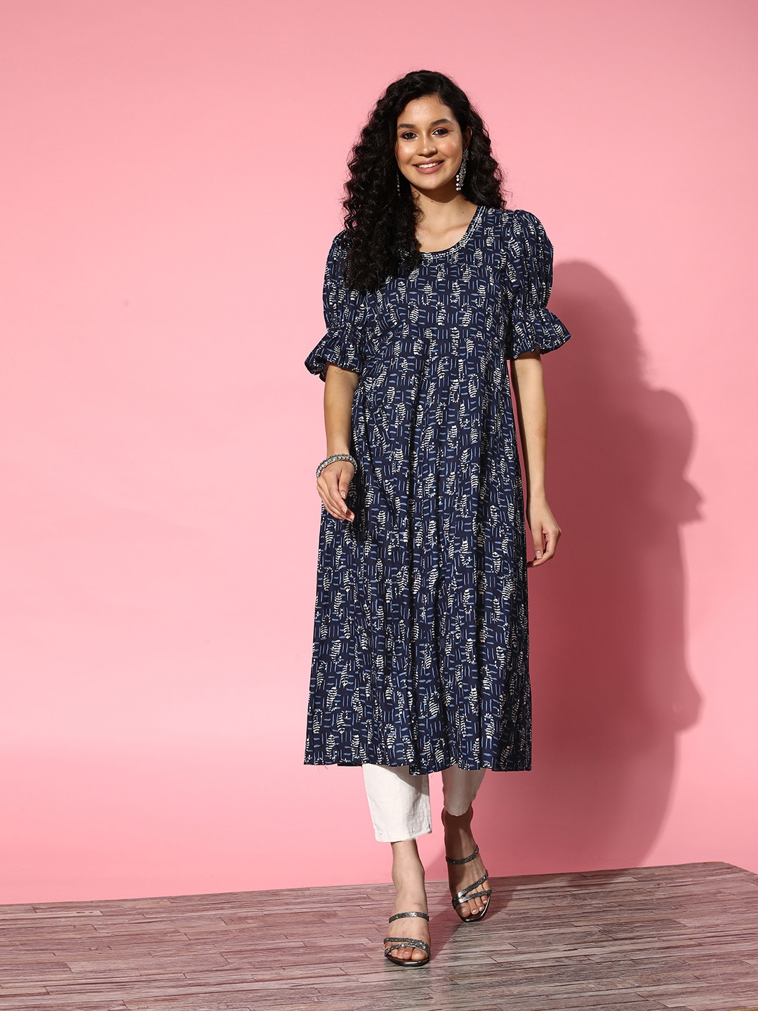 

Yufta Ethnic Motifs Printed Flared Sleeves Cotton Kurta, Navy blue