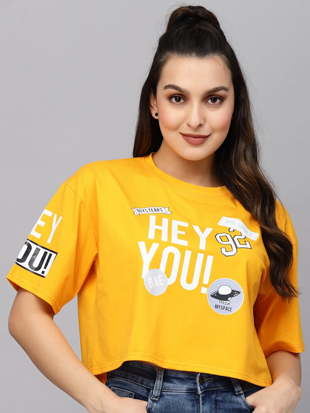 

Mafadeny Typography Printed Drop-Shoulder Sleeves Loose T-shirt, Yellow