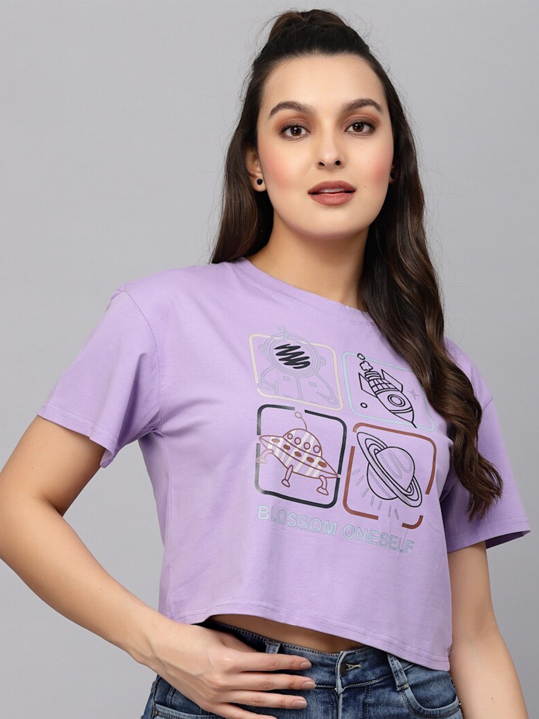 

Mafadeny Graphic Printed Cotton Loose Fitted Crop T-shirt, Purple