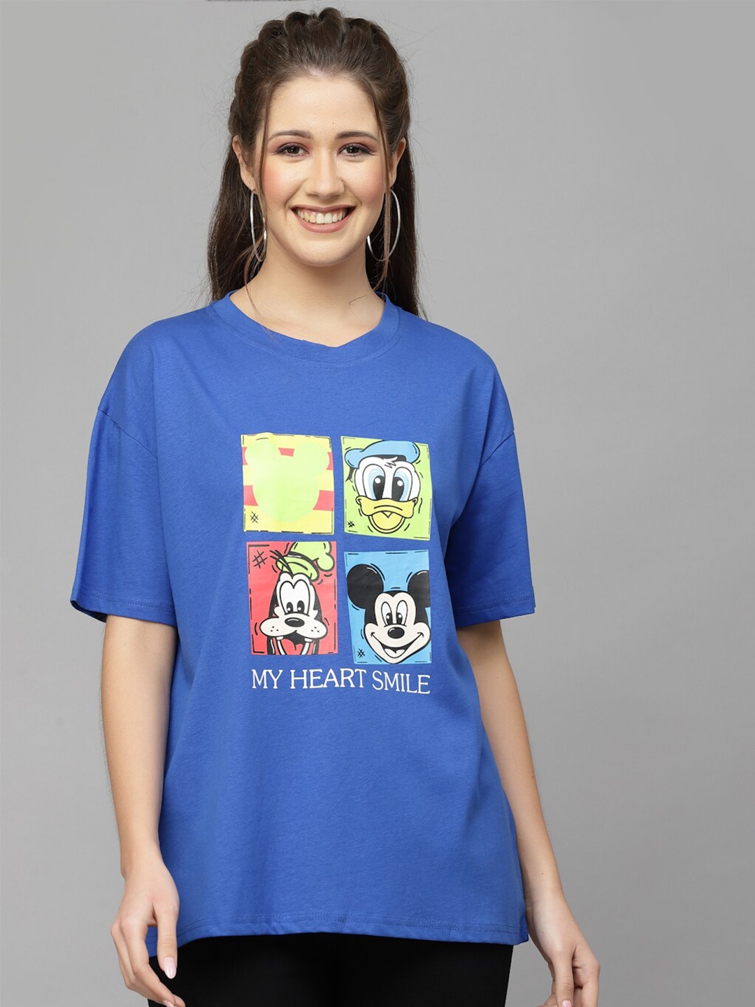

Mafadeny Mickey & Friends Printed Loose Cotton T-shirt, Blue