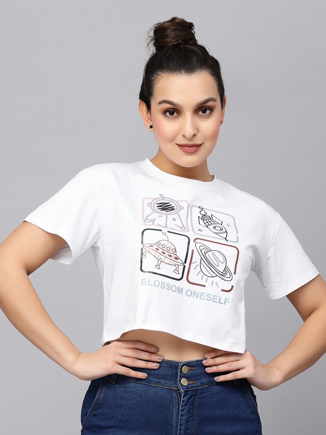

Mafadeny Graphic Printed Crop Cotton Loose Fit T-shirt, White