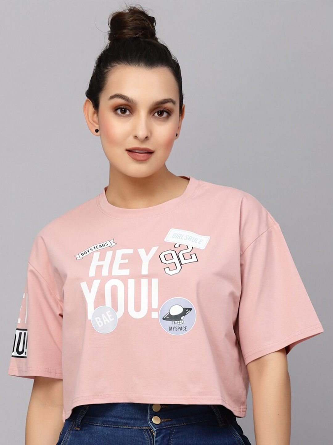 

Mafadeny Typography Printed Drop-Shoulder Sleeves Loose Cotton T-shirt, Peach