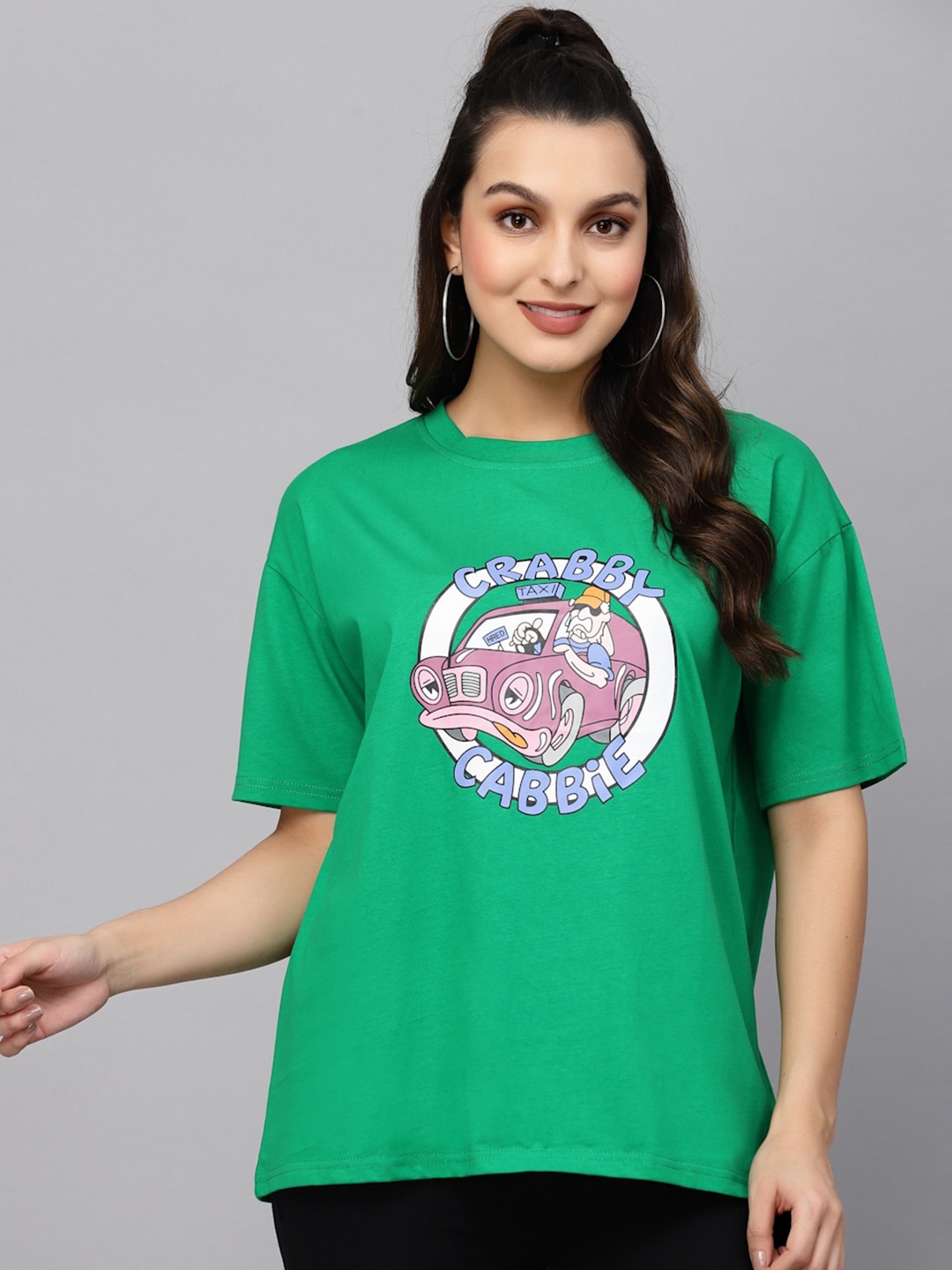 

Mafadeny Crabby Cabbie Printed Round Neck Cotton T-shirt, Green