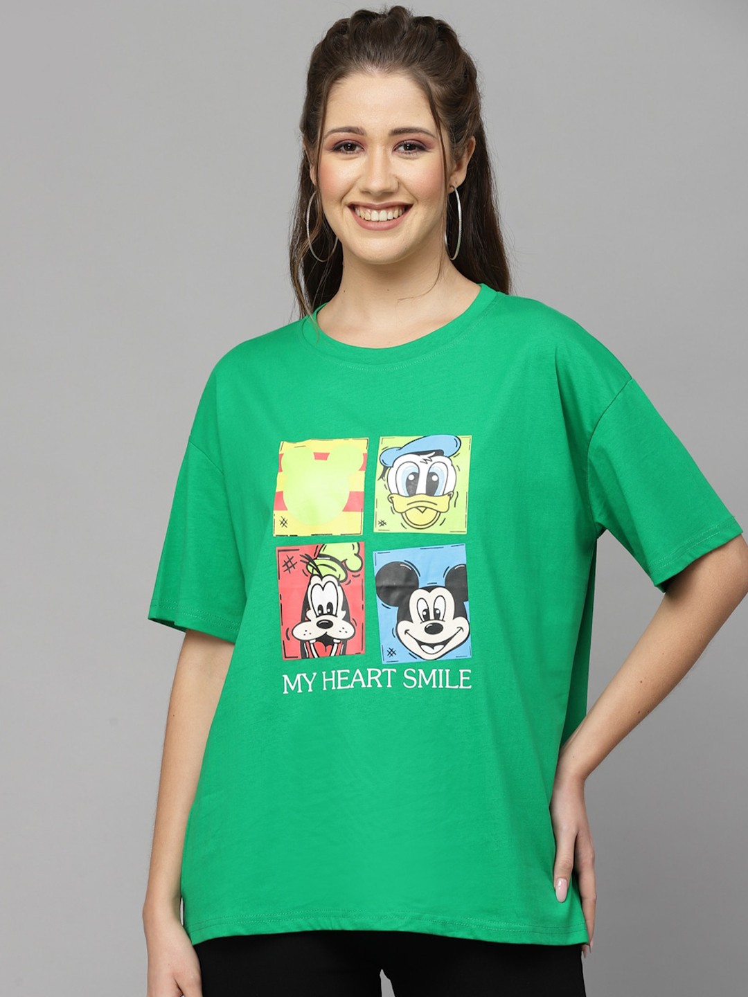 

Mafadeny Mickey & Friends Printed Drop Shoulder Sleeves Cotton Loose T-shirt, Green