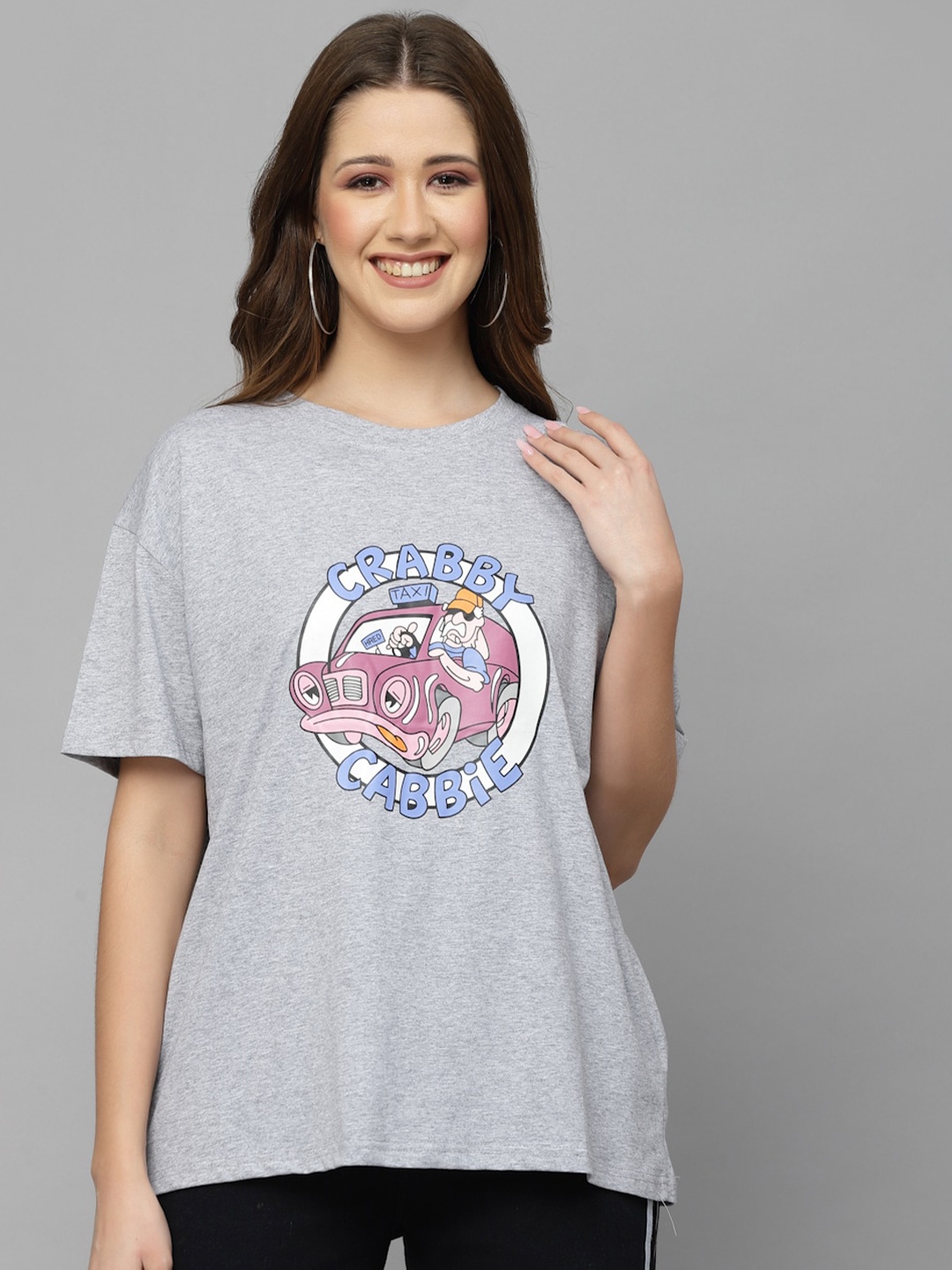 

Mafadeny Graphic Printed Drop Shoulder Sleeves Cotton Loose T-shirt, Grey