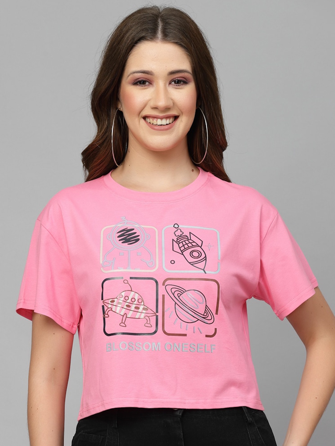 

Mafadeny Spacecrafts Printed Round Neck Crop Cotton T-shirt, Pink