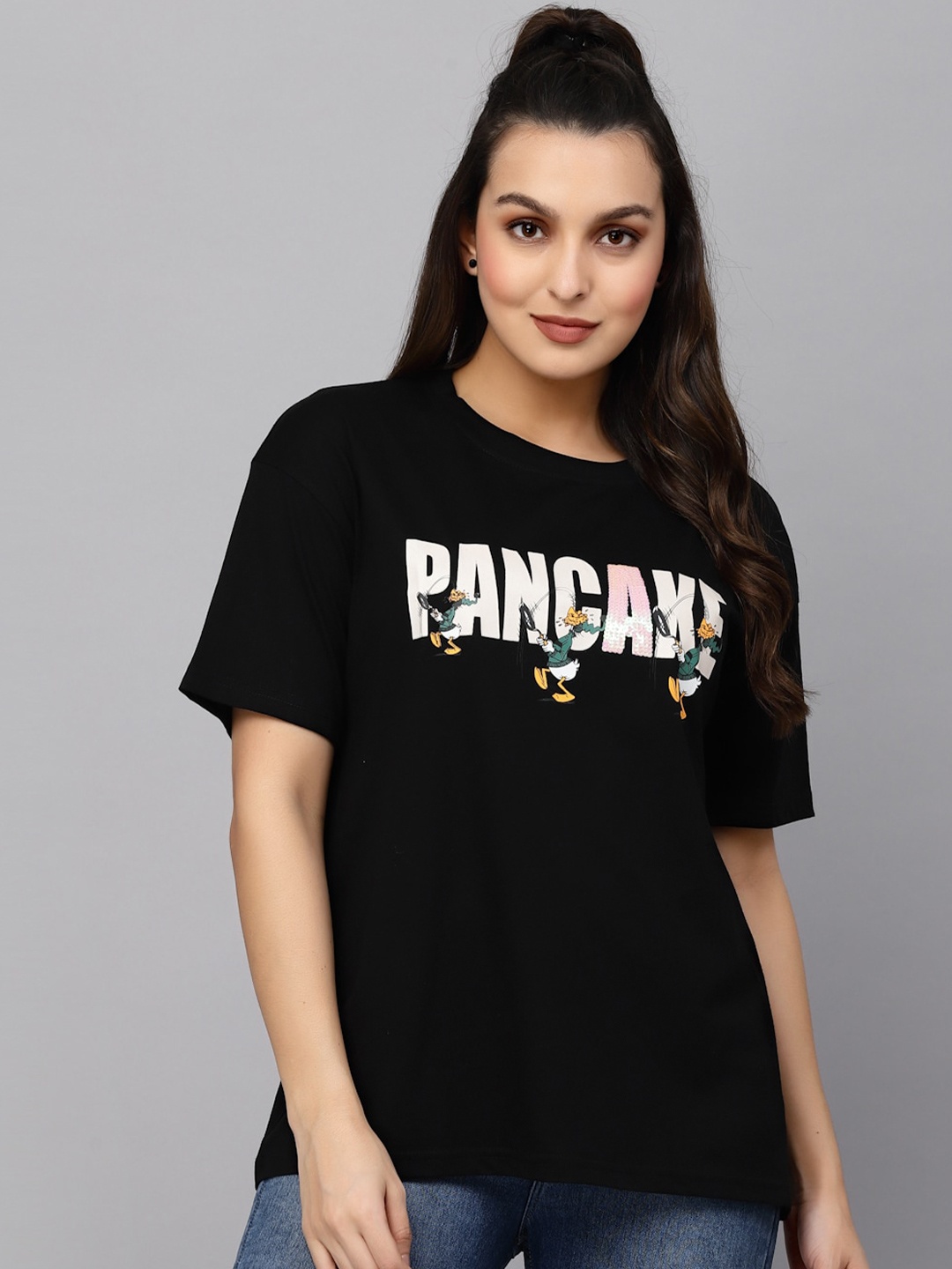 

Mafadeny Typography Printed Drop Shoulder Sleeve Cotton Loose Fitted T-shirt, Black