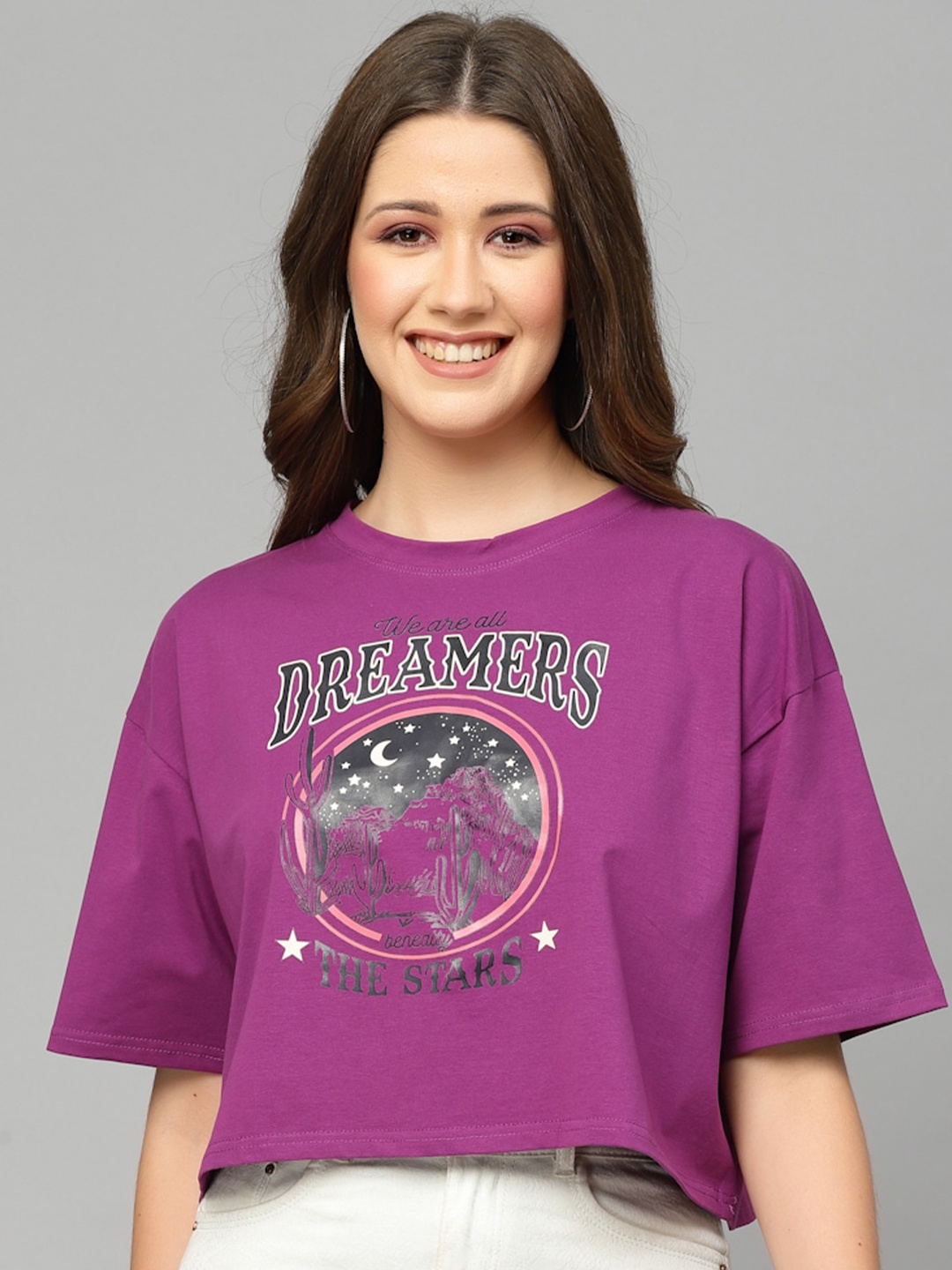 

Mafadeny Typography Printed Loose Crop Cotton T-shirt, Purple