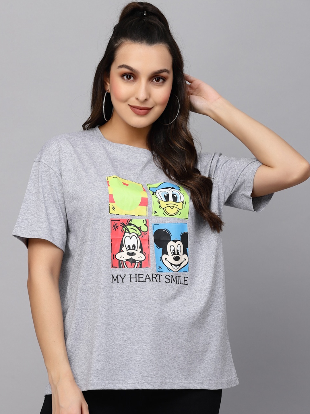 

Mafadeny Mickey And Friend Printed Drop Shoulder Cotton Loose Fit T-shirt, Grey