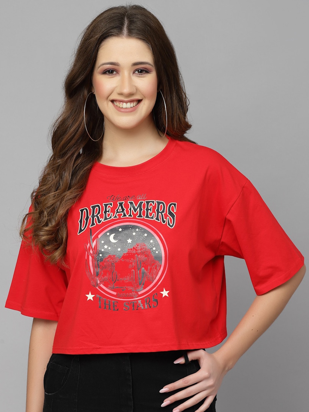 

Mafadeny Graphic Printed Drop Shoulder Sleeves Cotton Loose T-shirt, Red