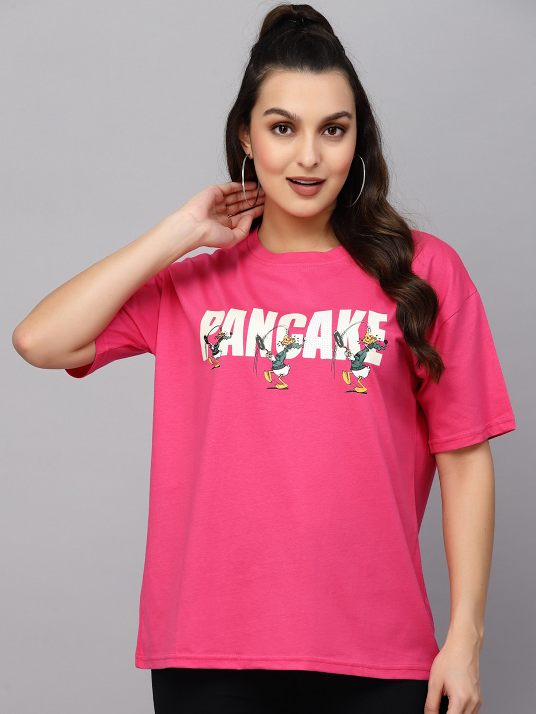 

Mafadeny Typography Printed Drop Shoulder Sleeve Cotton Loose Fitted T-shirt, Pink