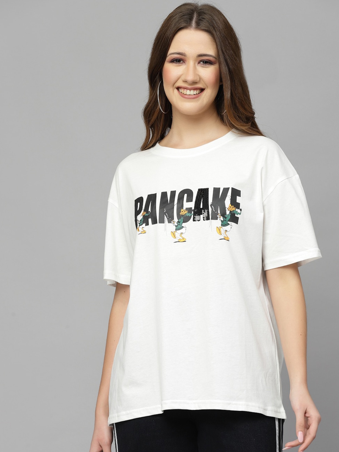 

Mafadeny Drop-Shoulder Sleeves Typography Printed Loose Cotton T-shirt, White