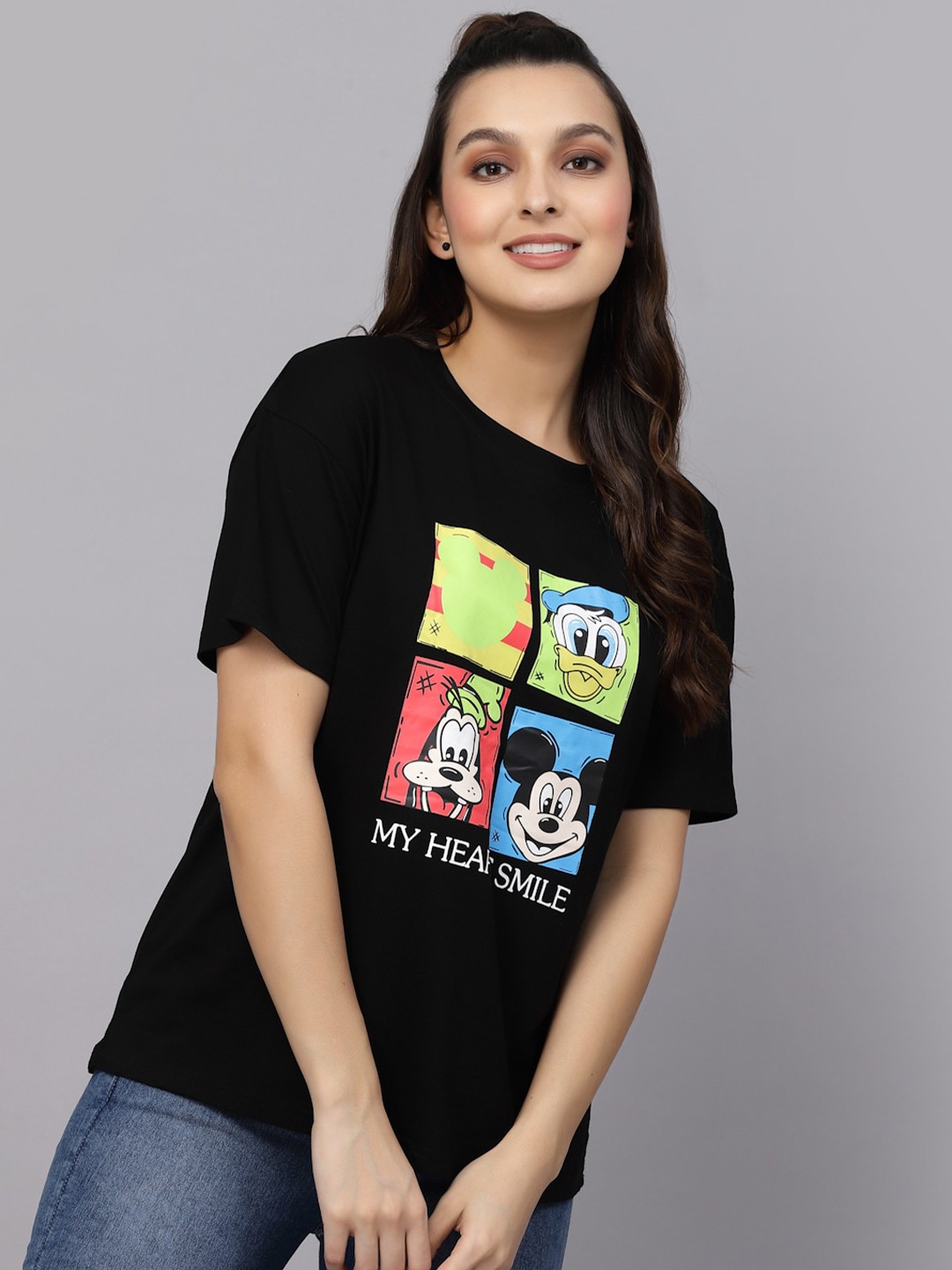 

Mafadeny Mickey & Friends Printed Drop Shoulder Sleeves Cotton Loose T-shirt, Black